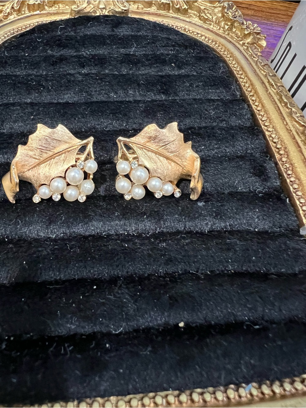 Trifari Gold Leaf Pearl Cluster Clip-On Earrings - Women Jewelry